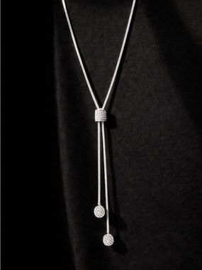 Chico's Silver Pave Lariat Necklace with Dual Drop Pendants